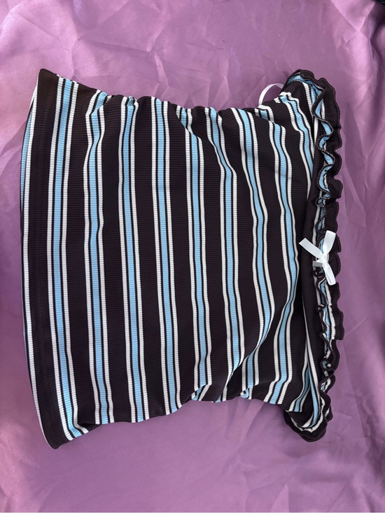 Tops - Striped Tube Top with Ruffle Trim - Black, White & Light Blue